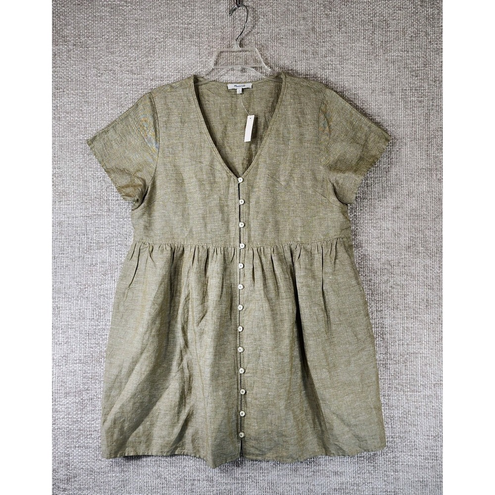 Madewell Linen Blend Alexandra Button‎ Front Dress Womens PL Petite Green NWT